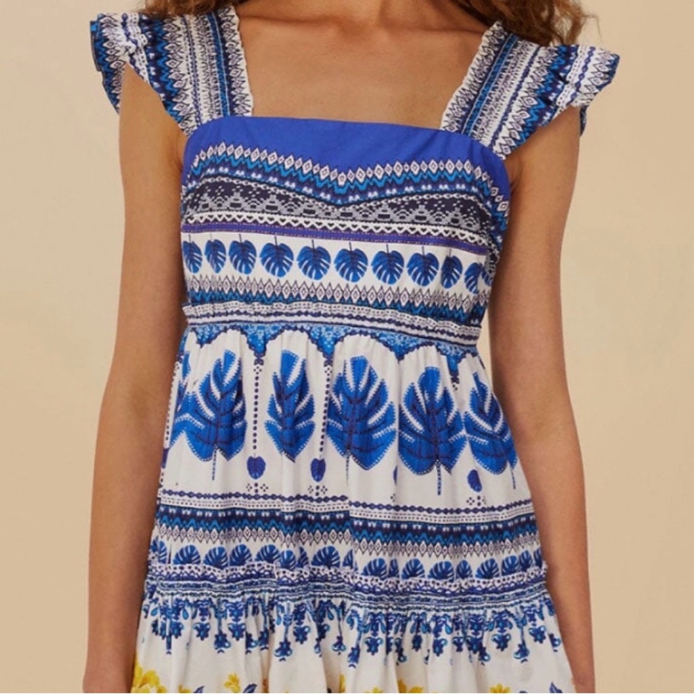 Farm Rio Zuli Blue and White Patterned Dress